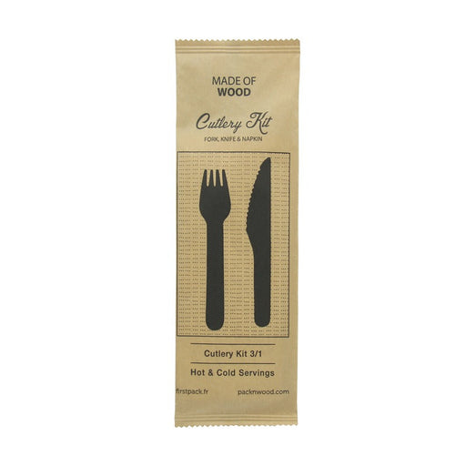 Kit posate in legno 3 / 1: coltello forchetta tovagliolo, imballo kraft - 16,5 cm - 250 unità