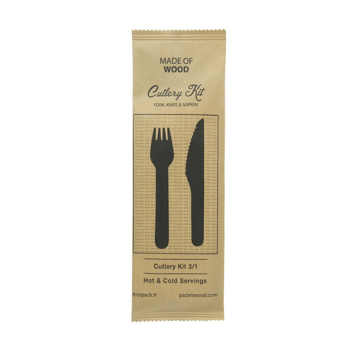 Kit posate in legno 3 / 1: coltello forchetta tovagliolo, imballo kraft - 16,5 cm - 250 unità