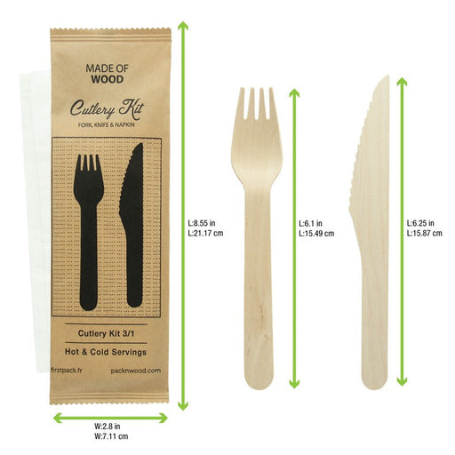 Kit posate in legno 3 / 1: coltello forchetta tovagliolo, imballo kraft - 16,5 cm - 250 unità - dimensions