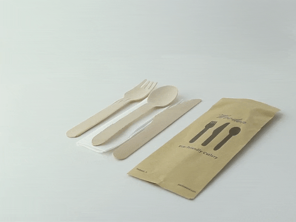 Kit posate in legno 4/1: coltello forchetta cucchiaio tovagliolo, imballo kraft - 16,5 cm - 250 unità