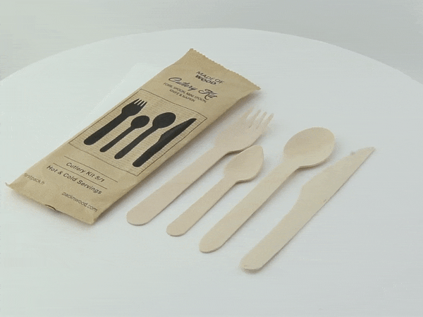 Kit posate in legno 5 / 1: coltello forchetta cucchiaino e cucchiaio tovagliolo, imballo kraft - 16,5 cm - 250 unità