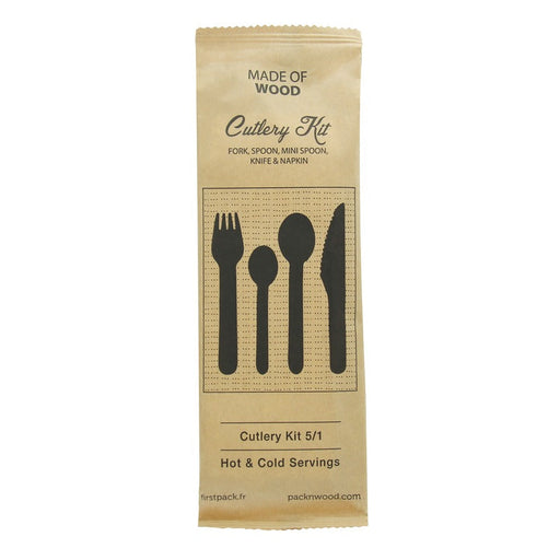 Kit posate in legno 5 / 1: coltello forchetta cucchiaino e cucchiaio tovagliolo, imballo kraft - 16,5 cm - 250 unità