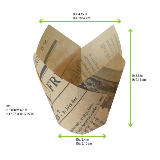 Pirottino da forno tulipano in carta marrone antigrasso con decoro "Giornale" - Ø base 6 cm - Ø superiore 8,2 cm - H 9 cm - 1200 unità - dimensions