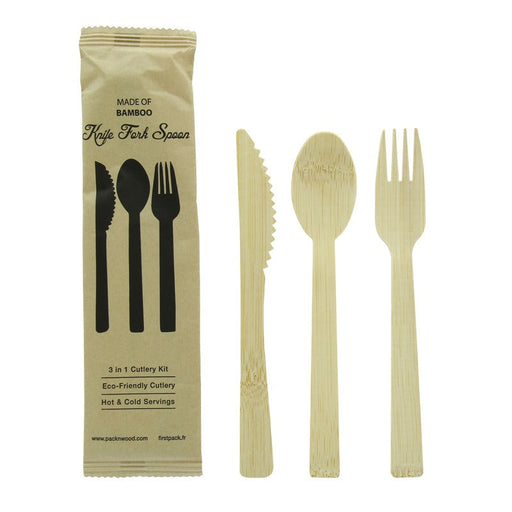 Kit posate in bambù "Anji" 3/1: coltello forchetta cucchiaio, imballo kraft - 17 cm - 100 unità