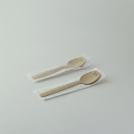 Kit posate in legno 2/1: forchetta-cucchiaio tovagliolo, imballo trasparente - 14,7 cm - 250 unità