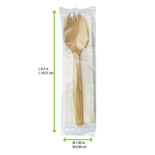 Kit posate in legno 2/1: forchetta-cucchiaio tovagliolo, imballo trasparente - 14,7 cm - 250 unità - dimensions