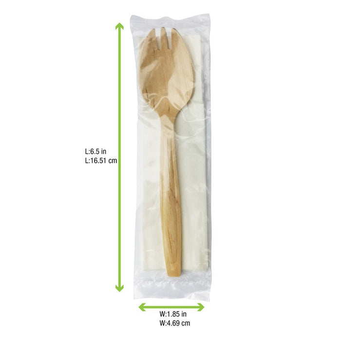 Kit posate in legno 2/1: forchetta-cucchiaio tovagliolo, imballo trasparente - 14,7 cm - 250 unità - dimensions