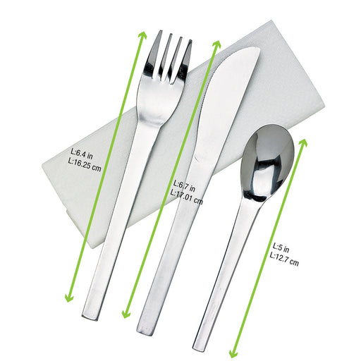 Kit posate in acciaio inox 4/1: coltello forchetta cucchiaio tovagliolo - 16 cm - 50 unità