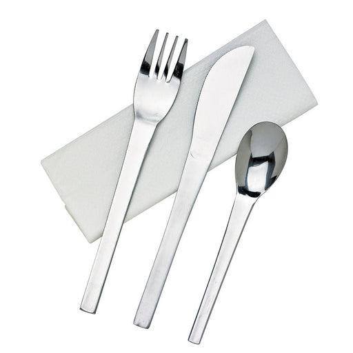 Kit posate in acciaio inox 4/1: coltello forchetta cucchiaio tovagliolo - 16 cm - 50 unità
