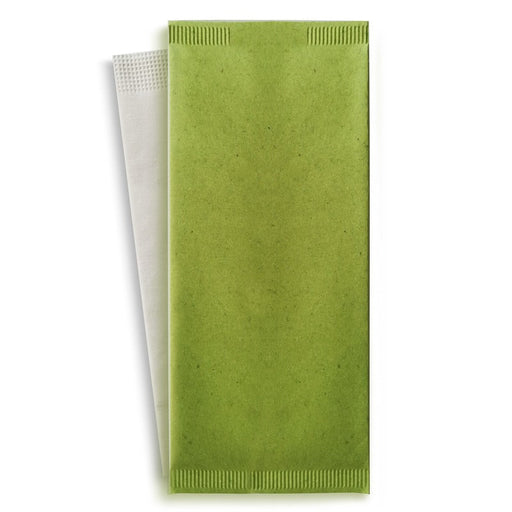 Busta portaposate in carta verde con tovagliolo bianco - 11 cm x 25 cm - 500 unità