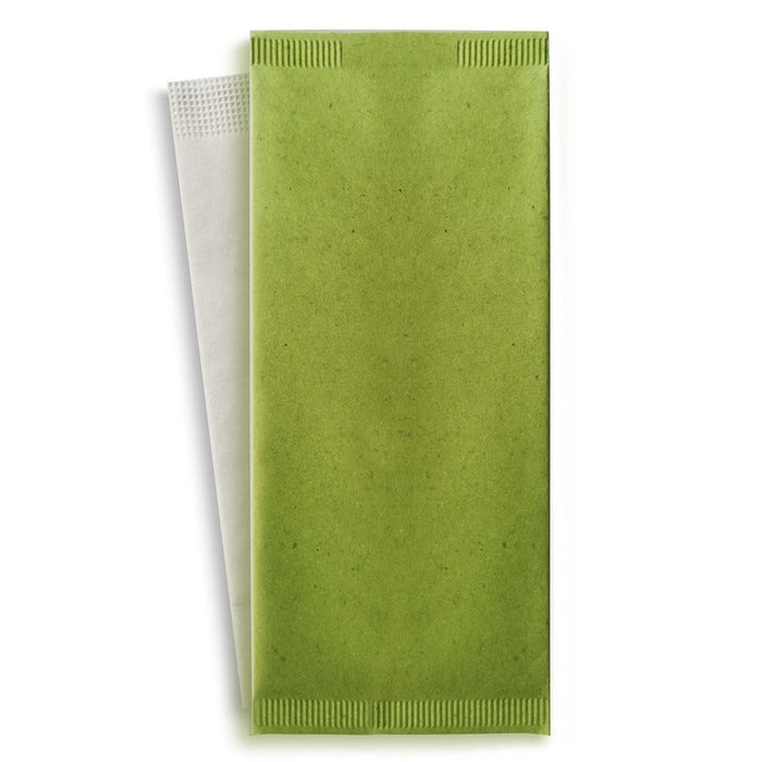 Busta portaposate in carta verde con tovagliolo bianco - 11 cm x 25 cm - 500 unità