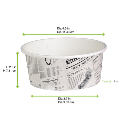 Contenitore "Deli" rotondo in cartone con decoro Giornale - 480 ml - Ø 11,4 cm - H 7,2 cm - 500 unità - dimensions