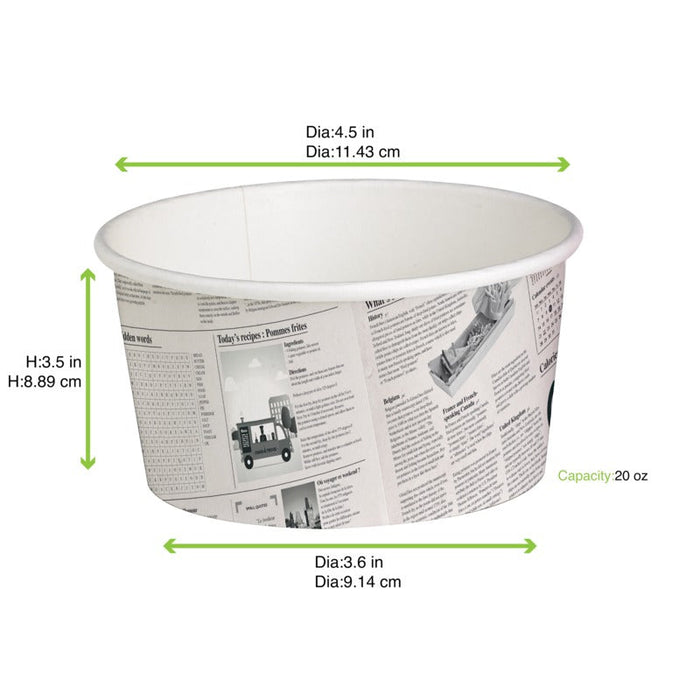 Contenitore "Deli" rotondo in cartone con decoro Giornale - 600 ml - Ø 11,4 cm - H 8,7 cm - 500 unità - dimensions