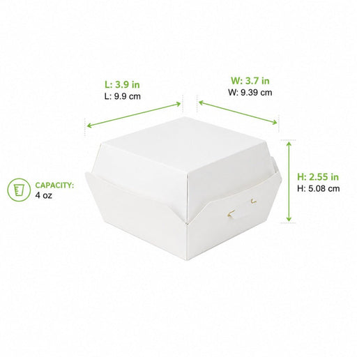 Mini scatola per hamburger in cartone bianco - 9,8 cm x 9,5 cm x 5 cm - 450 unità - dimensions