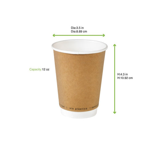 Bicchiere in cartone a doppia parete kraft senza plastica - 350 ml - Ø 9 cm - H 11 cm - 500 unità - dimensions