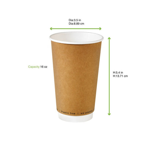 Bicchiere in cartone a doppia parete kraft senza plastica - 460 ml - Ø 9 cm - H 13,6 cm - 500 unità - dimensions