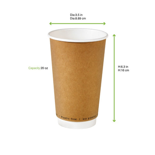 Bicchiere in cartone a doppia parete kraft senza plastica - 590 ml - Ø 9 cm - H 16,1 cm - 500 unità - dimensions