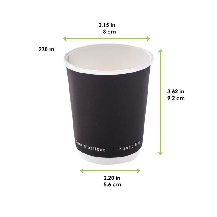 Bicchiere in cartone a doppia parete nero senza plastica - 230 ml - Ø 8 cm - H 9,2 cm - 500 unità - dimensions