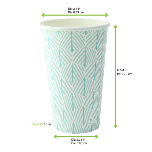 Bicchiere in cartone con decoro "Leaf" - 470 ml - Ø 9 cm - H 13,7 cm - 1000 unità - dimensions