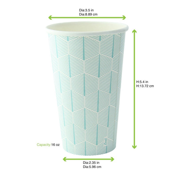 Bicchiere in cartone con decoro "Leaf" - 470 ml - Ø 9 cm - H 13,7 cm - 1000 unità - dimensions