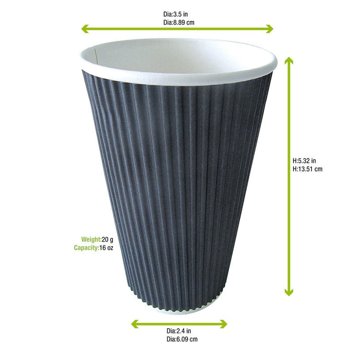 Bicchiere in cartone a doppia parete nero "Rippley" - 450 ml - Ø 9 cm - H 13,6 cm - 500 unità - dimensions