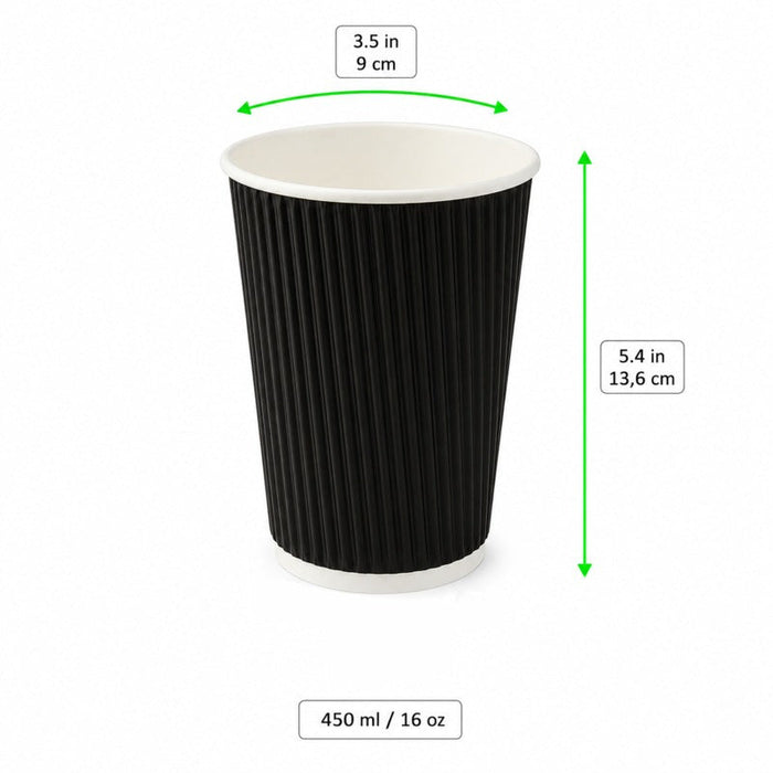Bicchiere in cartone a doppia parete nero "Rippley" - 470 ml - Ø 9 cm - H 13,6 cm - 500 unità - dimensions