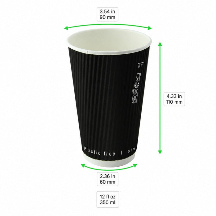 Bicchiere in cartone a doppia parete nero senza plastica "Rippley" - 350 ml - Ø 9 cm - H 11 cm - 500 unità - dimensions