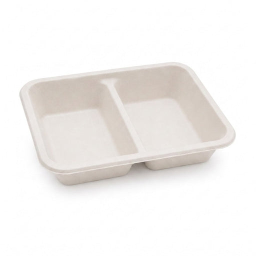 Vaschetta termosigillabile bianca in polpa di cellulosa laminata PLA "menu" a 2 scomparti - 1060 ml - 22,7 cm x 17,8 cm x 4,5 cm - 200 unità