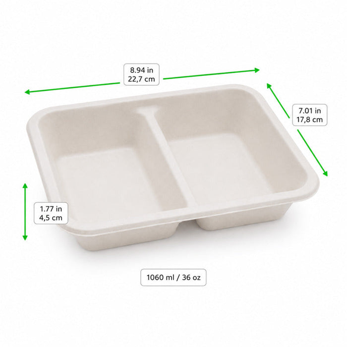 Vaschetta termosigillabile bianca in polpa di cellulosa laminata PLA "menu" a 2 scomparti - 1060 ml - 22,7 cm x 17,8 cm x 4,5 cm - 200 unità