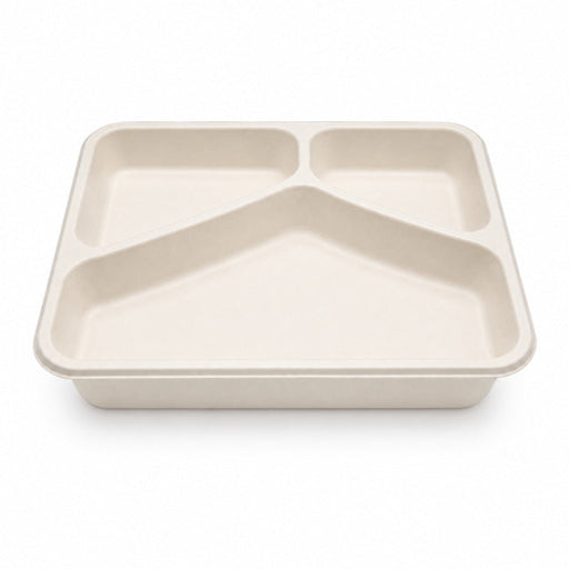 Vaschetta termosigillabile bianca in polpa di cellulosa laminata PLA "menu" a 3 scomparti - 890 ml - 22,7 cm x 17,8 cm x 4,5 cm - 200 unità