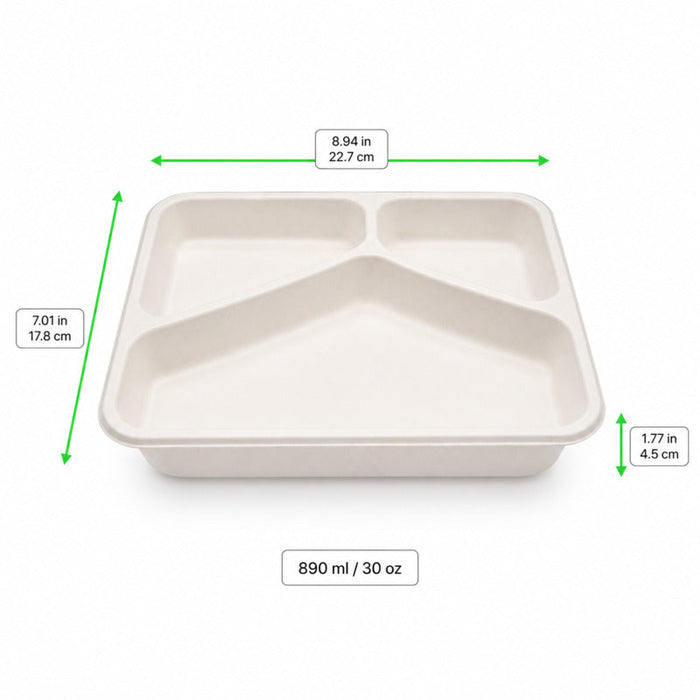 Vaschetta termosigillabile bianca in polpa di cellulosa laminata PLA "menu" a 3 scomparti - 890 ml - 22,7 cm x 17,8 cm x 4,5 cm - 200 unità