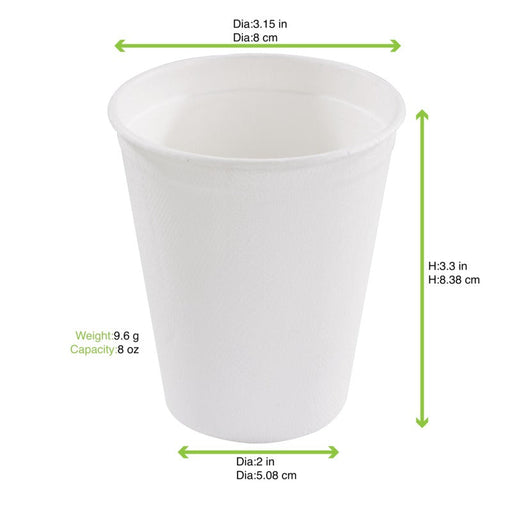 Bicchiere bianco in polpa di cellulosa - 260 ml - Ø 8 cm - H 9 cm - 1000 unità - dimensions