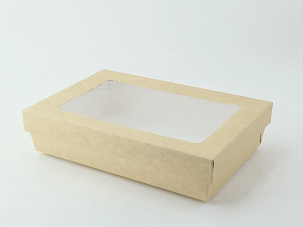 Scatola "Kray" rettangolare in cartone marrone con coperchio a finestra - 1500 ml - 22,5 cm x 15,5 cm x 5,3 cm - 200 unità