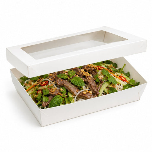 Scatola "Kray" rettangolare in cartone bianco con coperchio a finestra - 1500 ml - 22,5 cm x 15,5 cm x 5 cm - 200 unità