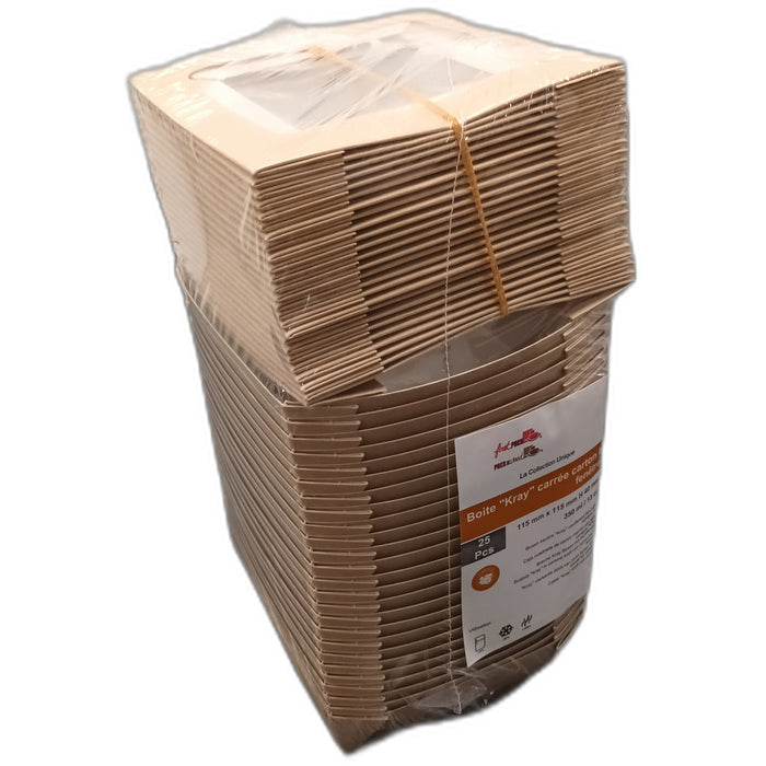Scatola "Kray" quadrata in cartone marrone con coperchio a finestra - 350 ml - 11,5 cm x 11,5 cm x 4 cm - 250 unità