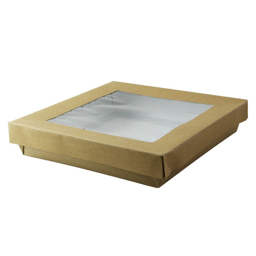 Scatola "Kray" quadrata in cartone marrone con coperchio a finestra - 1000 ml - 20,5 cm x 20,5 cm x 4 cm - 200 unità