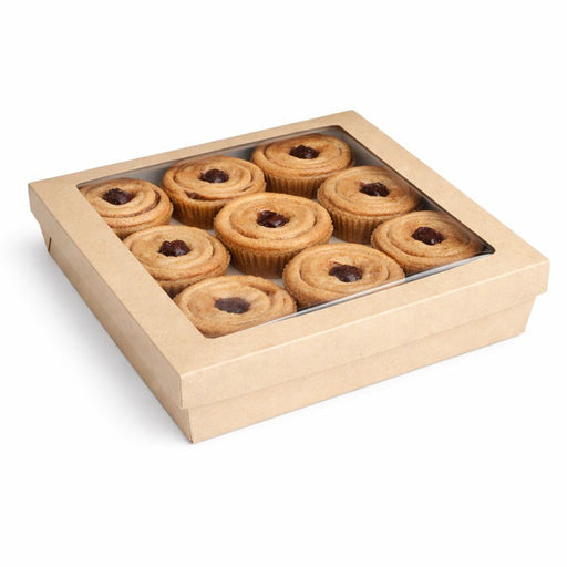 Scatola "Kray" quadrata in cartone marrone con coperchio a finestra - 4000 ml - 24,5 cm x 24,5 cm x 8 cm - 100 unità
