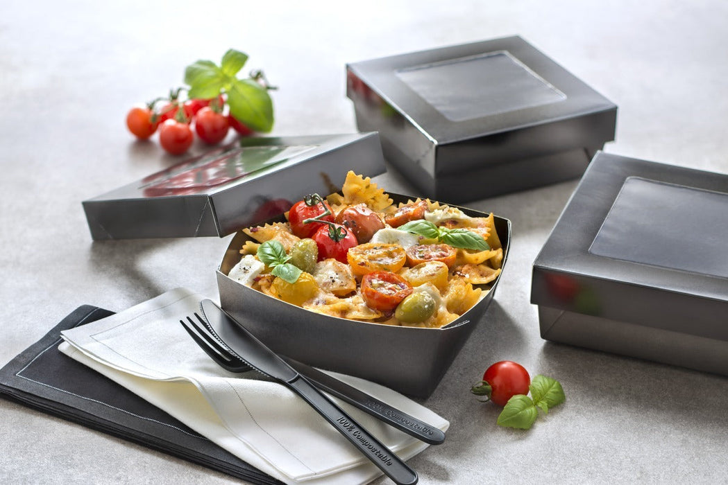 Scatola "Kray" quadrata in cartone nero con coperchio a finestra - 700 ml - 13,5 cm x 13,5 cm x 5 cm - 100 unità