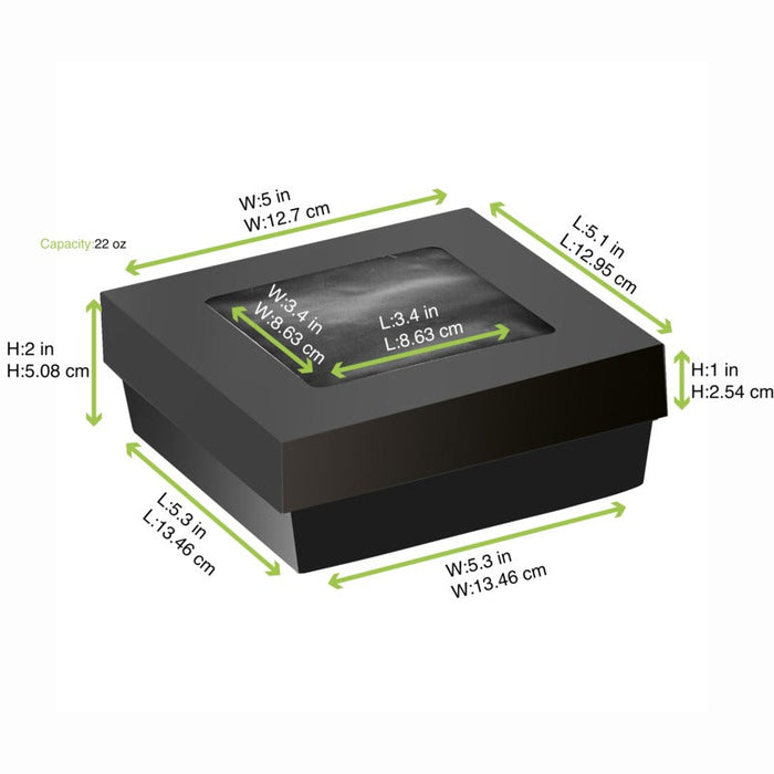 Scatola "Kray" quadrata in cartone nero con coperchio a finestra - 700 ml - 13,5 cm x 13,5 cm x 5 cm - 100 unità - dimensions