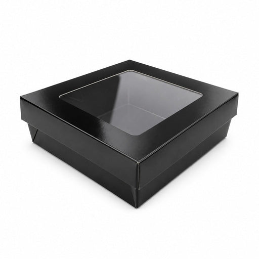 Scatola "Kray" quadrata in cartone nero con coperchio a finestra - 950 ml - 15,5 cm x 15,5 cm x 5 cm - 100 unità