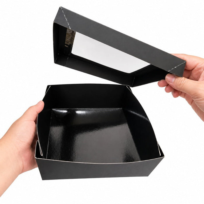Scatola "Kray" quadrata in cartone nero con coperchio a finestra - 20 cm x 20 cm x 6,5 cm - 100 unità