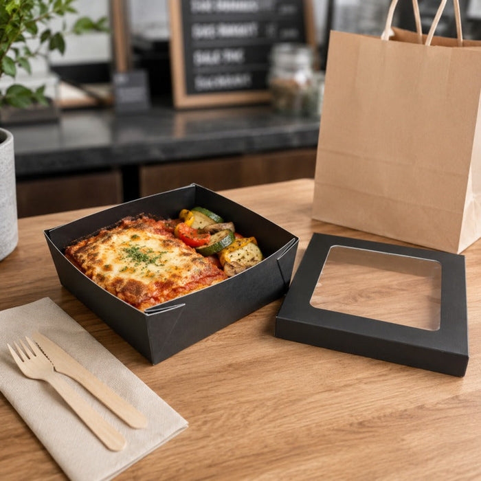 Scatola "Kray" quadrata in cartone nero con coperchio a finestra - 20 cm x 20 cm x 6,5 cm - 100 unità
