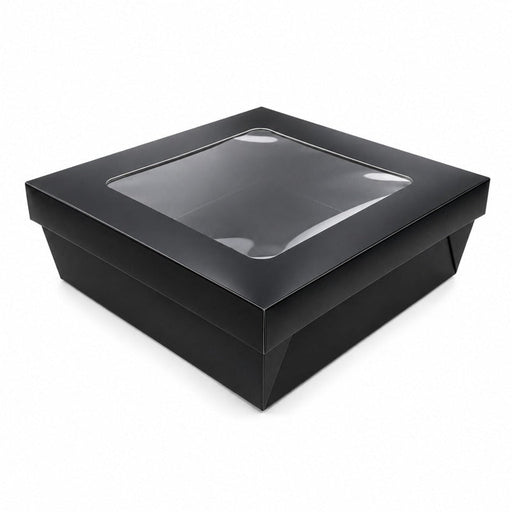 Scatola "Kray" quadrata in cartone nero con coperchio a finestra - 20 cm x 20 cm x 6,5 cm - 100 unità