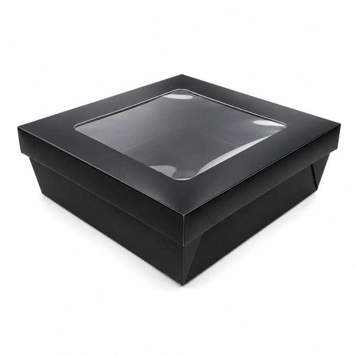 Scatola "Kray" quadrata in cartone nero con coperchio a finestra - 20 cm x 20 cm x 6,5 cm - 100 unità