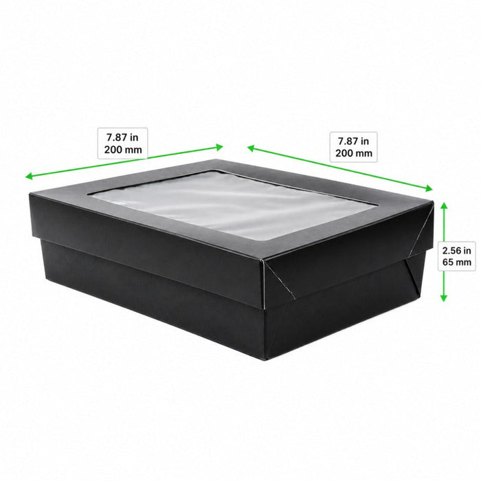 Scatola "Kray" quadrata in cartone nero con coperchio a finestra - 20 cm x 20 cm x 6,5 cm - 100 unità - dimensions