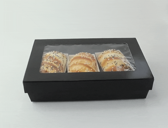 Scatola "Kray" rettangolare in cartone nero con coperchio a finestra - 1500 ml - 22,5 cm x 15,5 cm x 5 cm - 100 unità