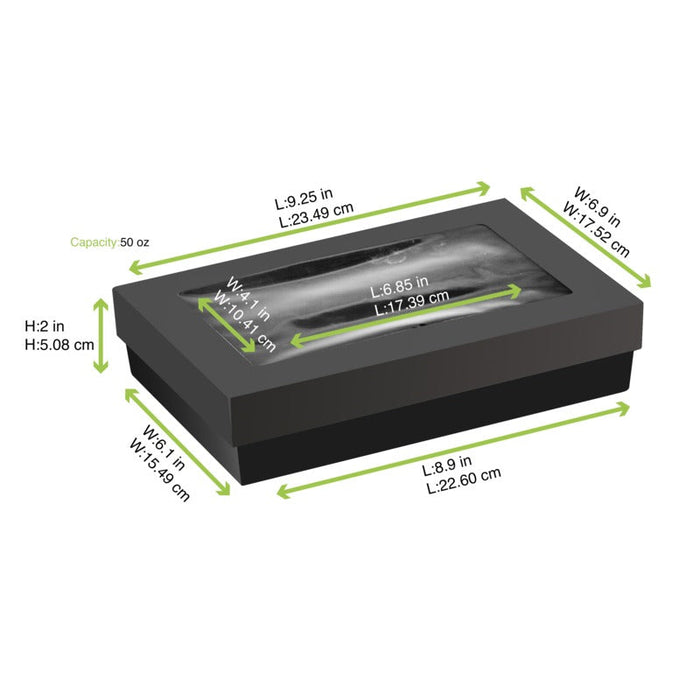 Scatola "Kray" rettangolare in cartone nero con coperchio a finestra - 1500 ml - 22,5 cm x 15,5 cm x 5 cm - 100 unità - dimensions