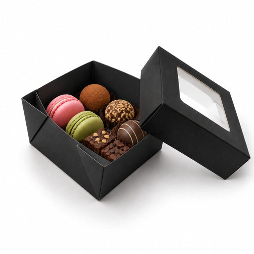 Scatola "Kray" quadrata in cartone nero con coperchio a finestra - 200 ml - 8,5 cm x 8,5 cm x 4 cm - 100 unità