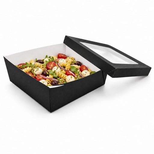Scatola "Kray" quadrata in cartone nero con coperchio a finestra - 4000 ml - 24,5 cm x 24,5 cm x 8 cm - 100 unità
