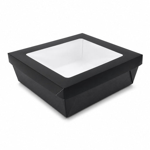 Scatola "Kray" quadrata in cartone nero con coperchio a finestra - 4000 ml - 24,5 cm x 24,5 cm x 8 cm - 100 unità